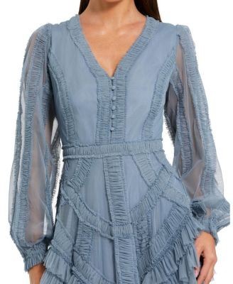 Mac Duggal Petite Long Sleeve V Neck Mesh Micro Ruffle Midi Dress