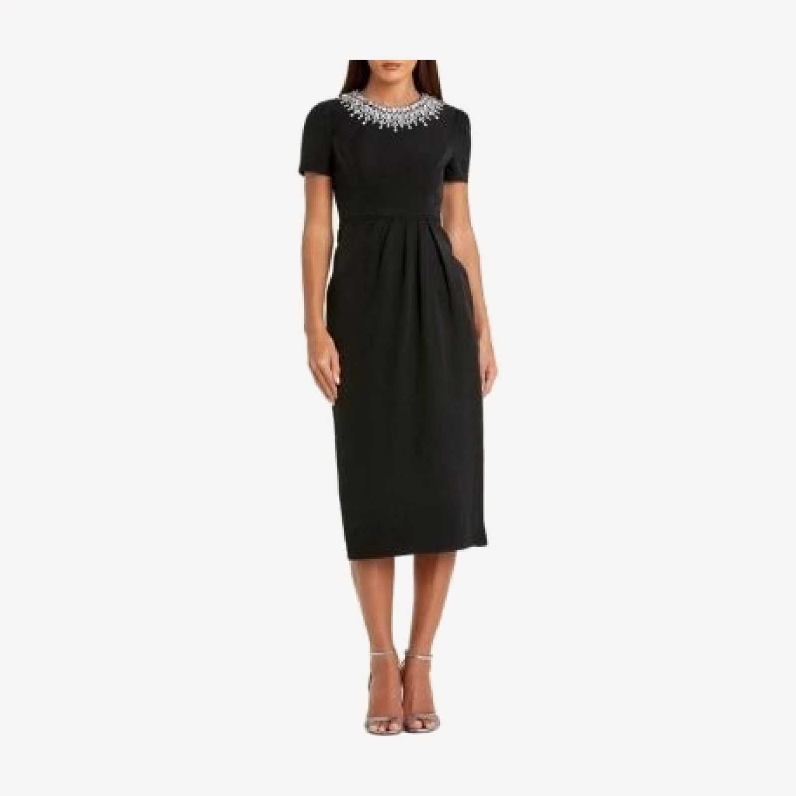 Mac Duggal Petite Short Sleeve Rhinestone Neckline Midi Dress