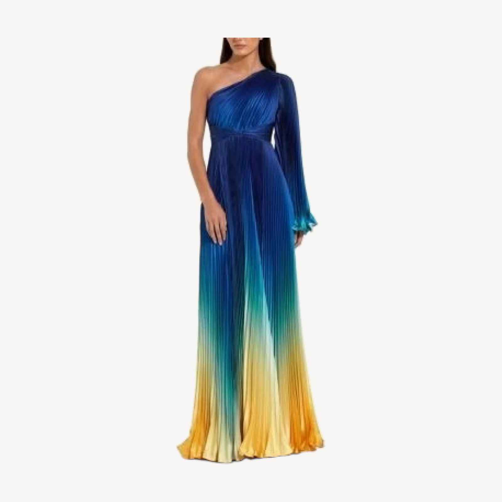 Mac Duggal Petite Pleated Charmeuse One-Shoulder Ombre Gown with Flared Sleeve
