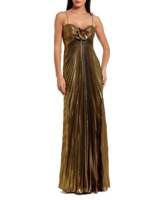 Mac Duggal Petite Pleated Metallic Gown with Thin Straps and 3D Floral Detail