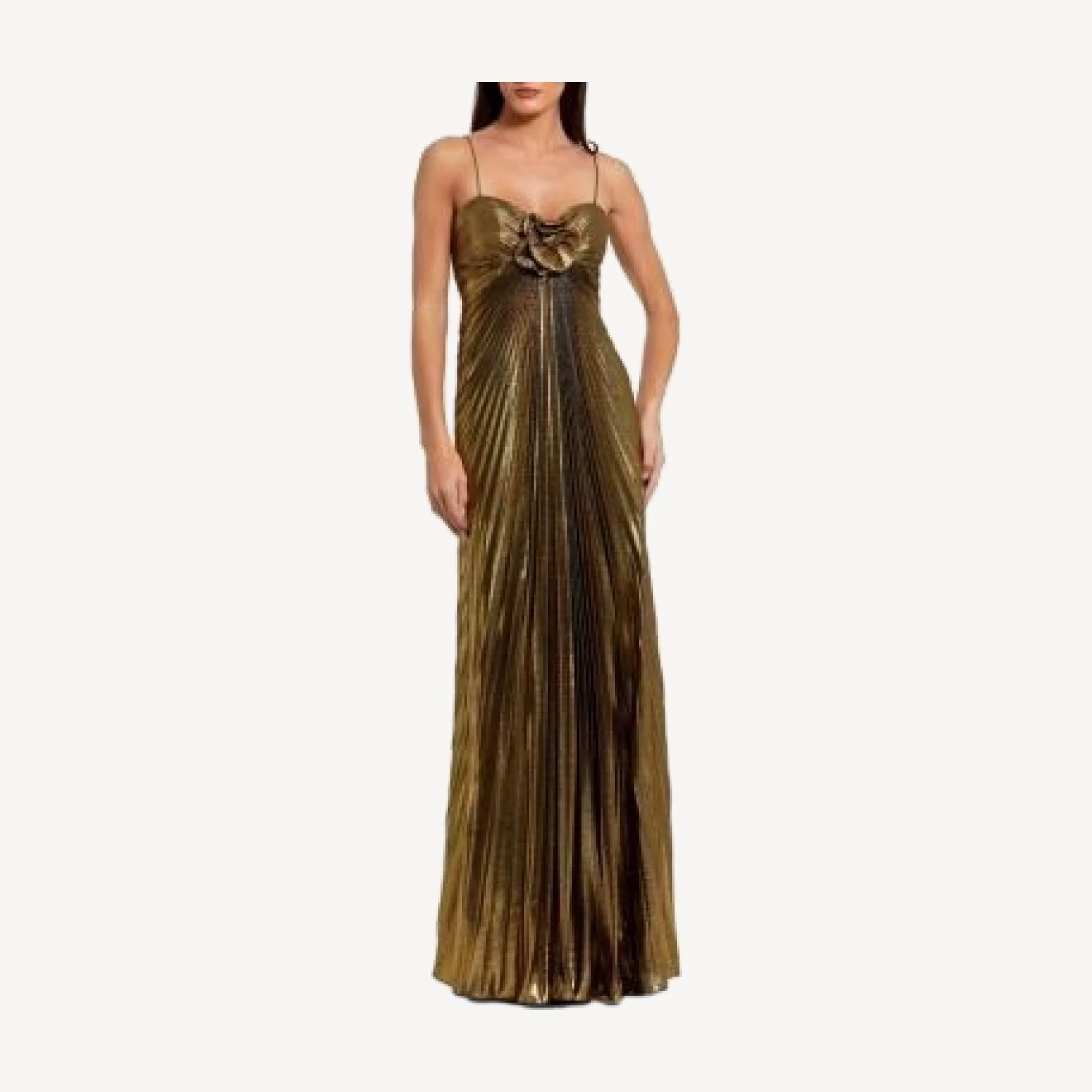 Mac Duggal Petite Pleated Metallic Gown with Thin Straps and 3D Floral Detail