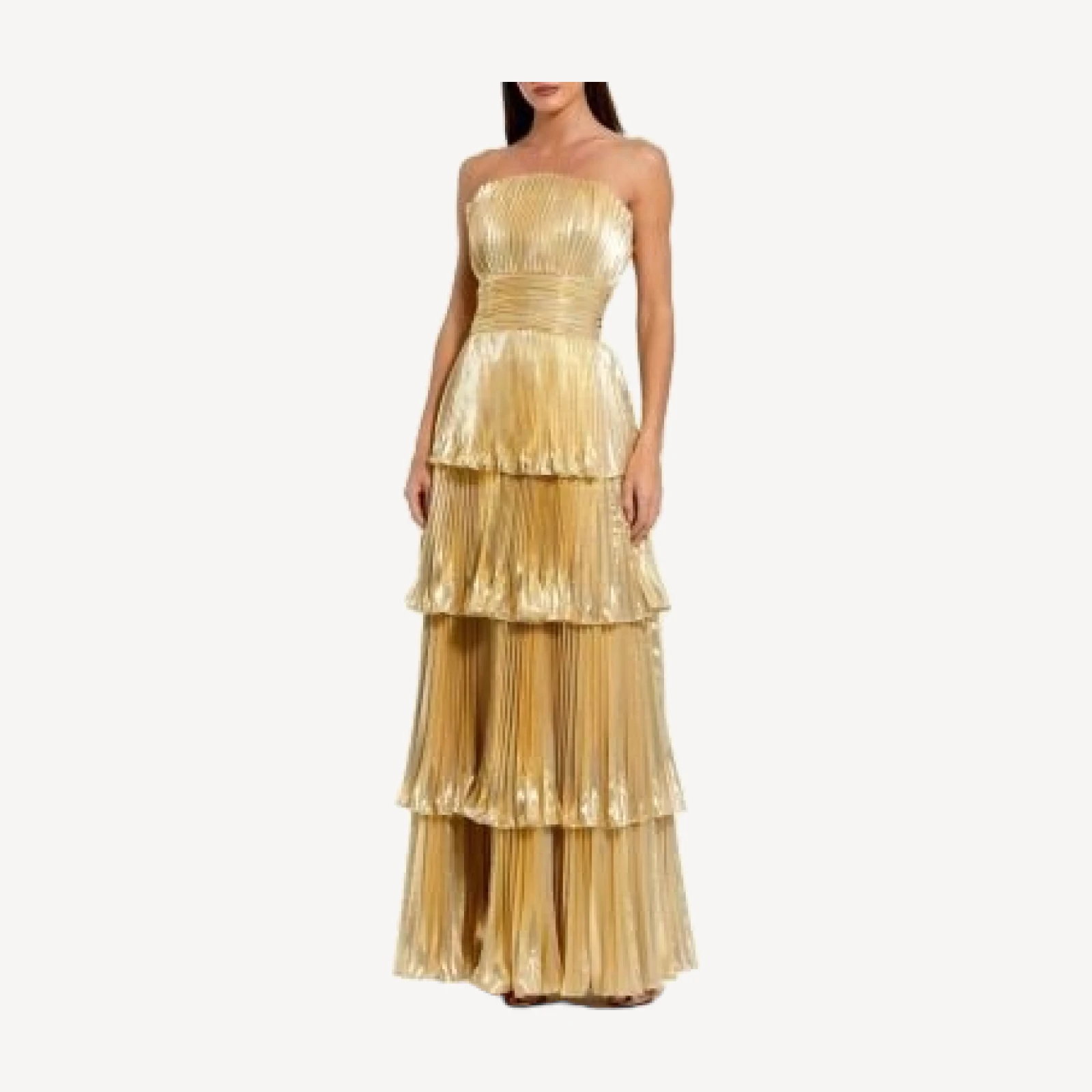 Mac Duggal Strapless Pleated Metallic Layered High Low Gown