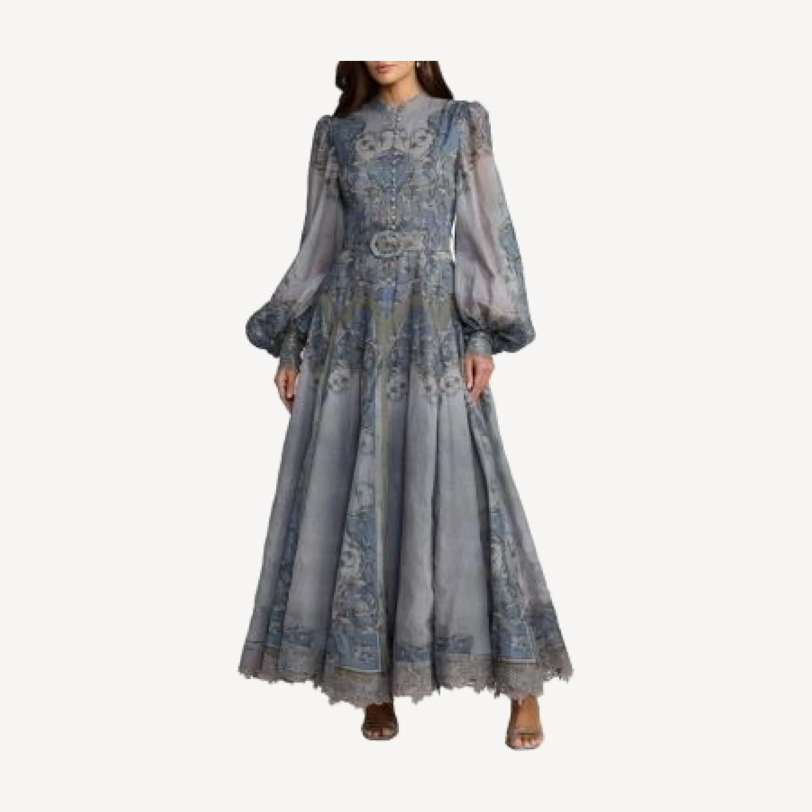 Mac Duggal Petite Printed Cotton Bishop Sleeve A Line Ankle Dress