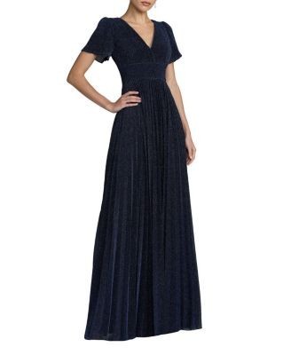 Mac Duggal Petite Pleated Metallic Flutter Sleeve A Line Gown
