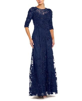 Mac Duggal Petite 3/4 Sleeve High Neck Embroidered A-Line Gown