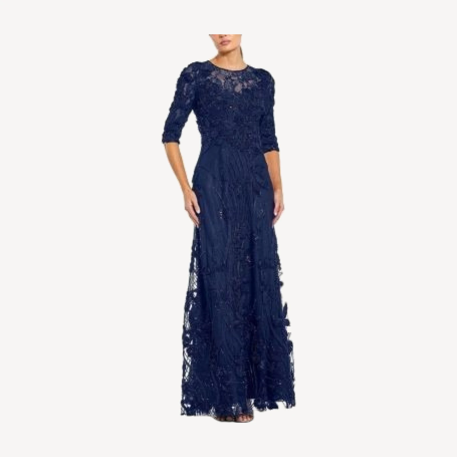 Mac Duggal Petite 3/4 Sleeve High Neck Embroidered A-Line Gown