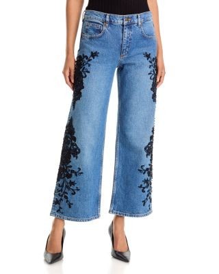 Ramy Brook Lea Beaded High Rise Cropped Wide Leg Jeans in Mid Cerulean