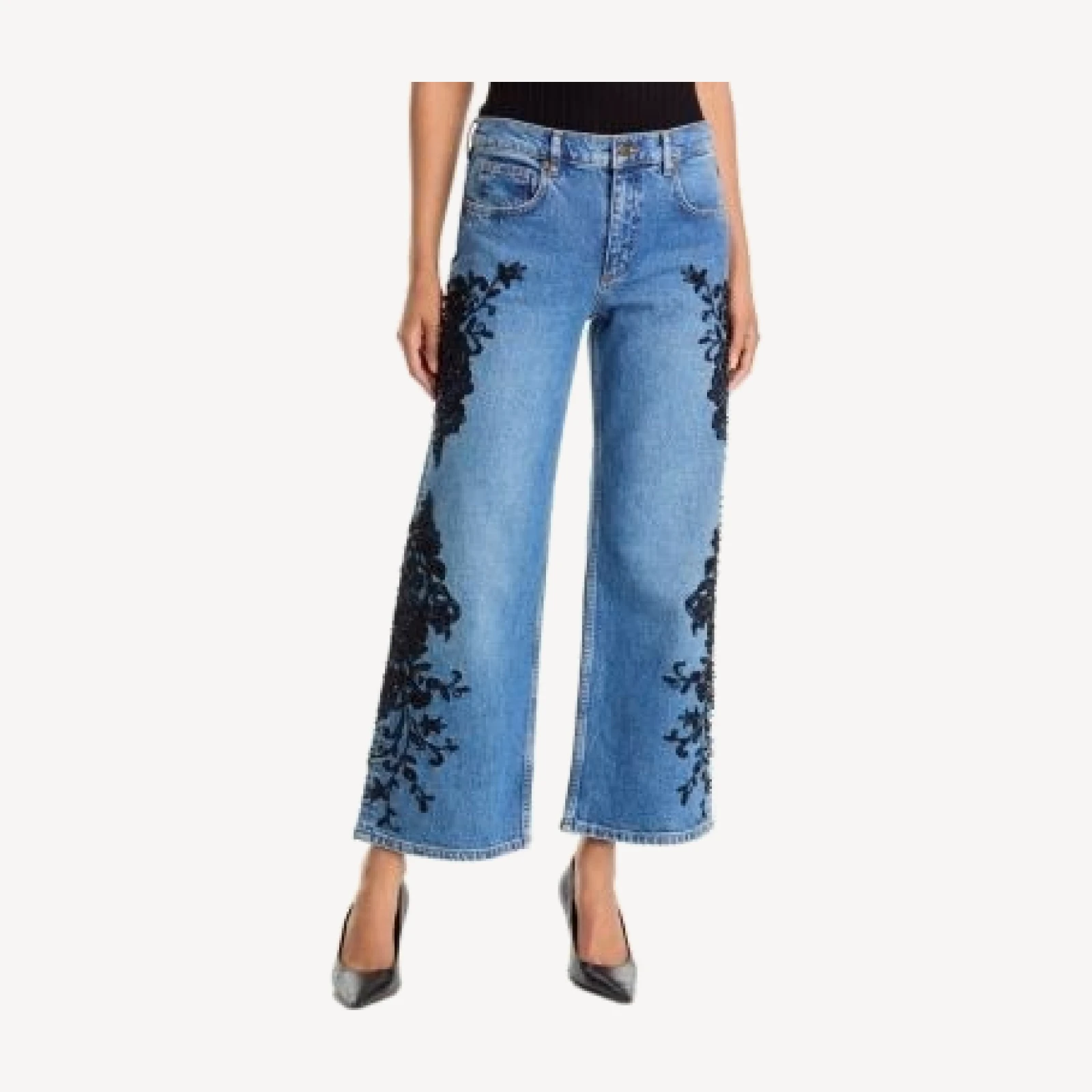 Ramy Brook Lea Beaded High Rise Cropped Wide Leg Jeans in Mid Cerulean