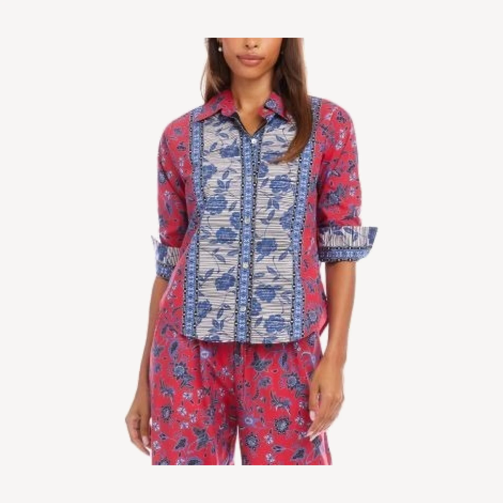 Karen Kane Ruched Sleeve Border Print Shirt