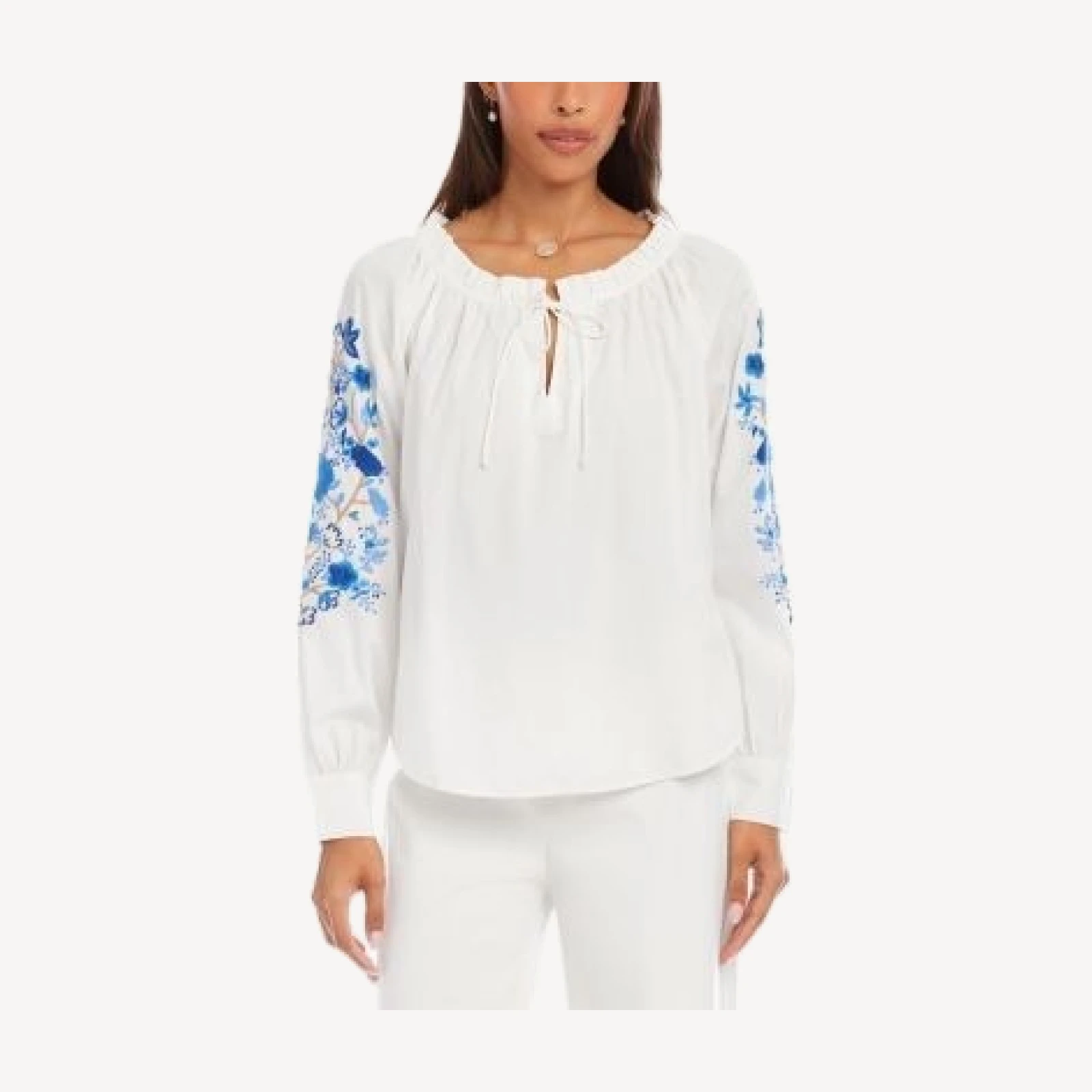 Karen Kane Embroidered Blouson Sleeve Tie Neck Peasant Top