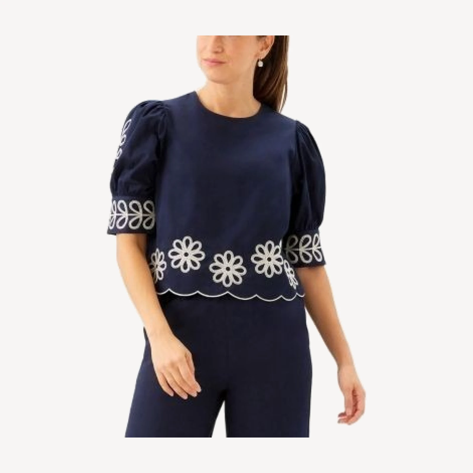 Karen Kane Embroidered Blouson Sleeve Scallop Top
