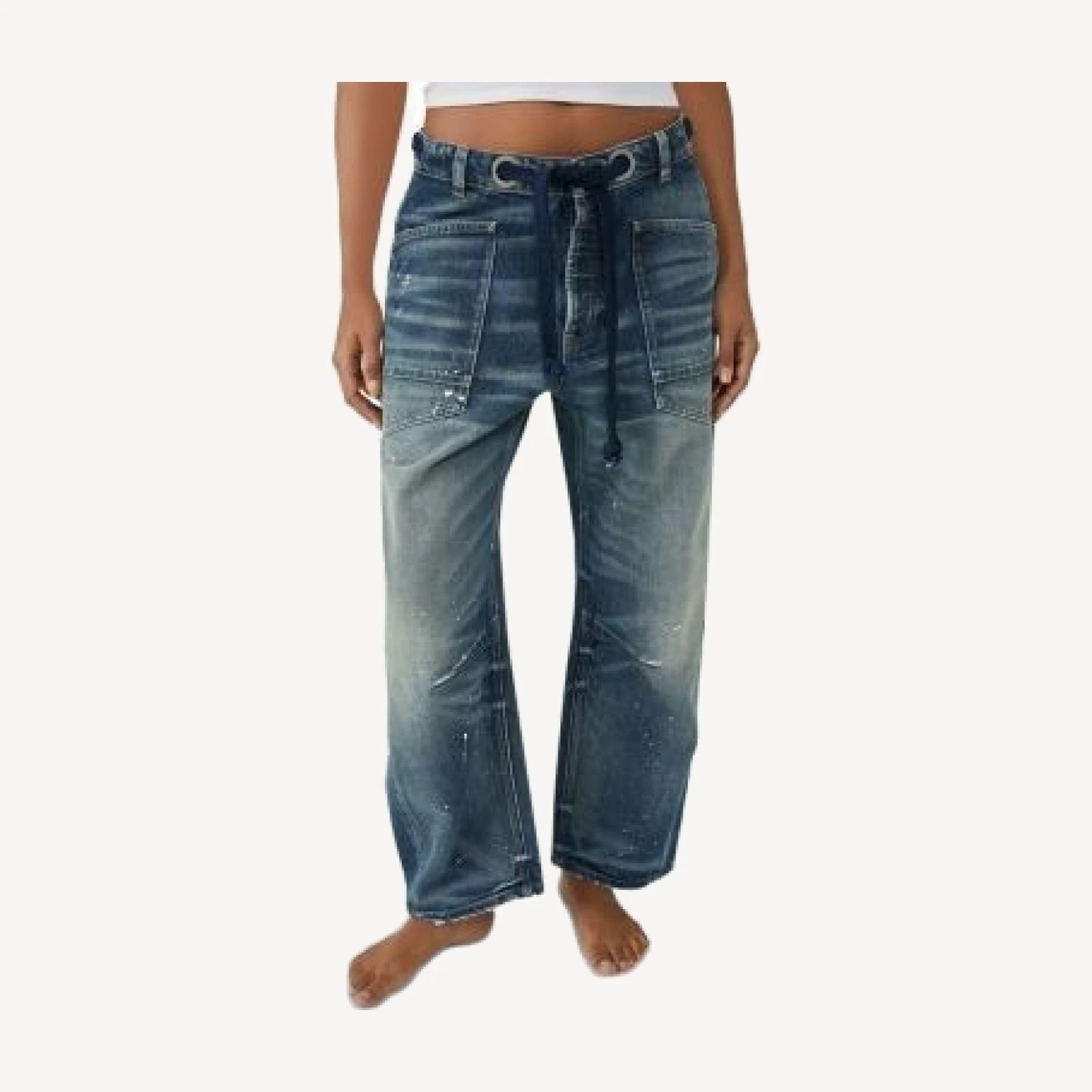 Free People We The Free Moxie Low Slung Pull On Barrel Jeans in Timeless Blue
