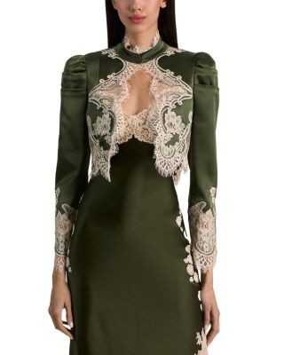 Alice and Olivia Thomasina Puff Sleeve Lace Trim Cropped Jacket