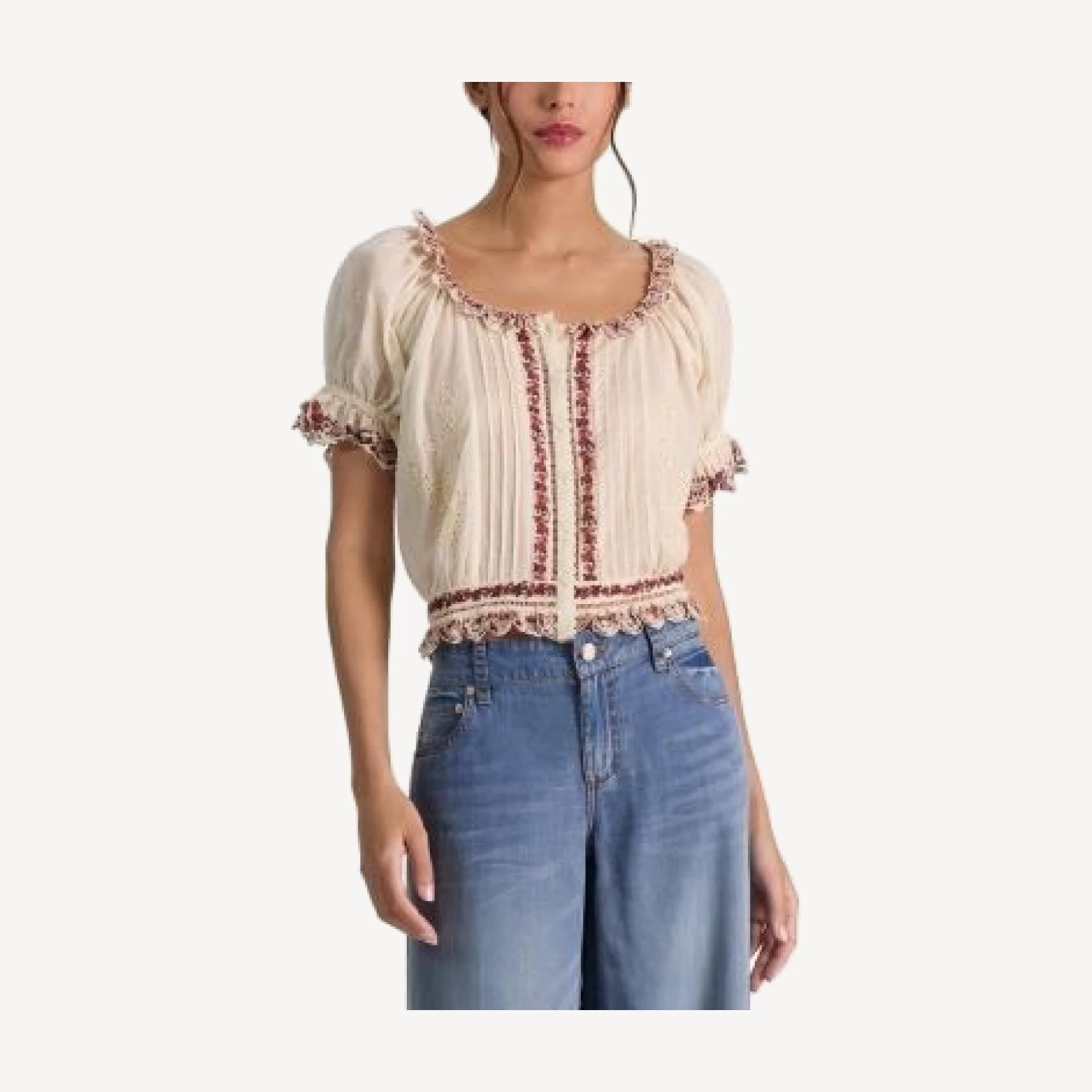 Alice and Olivia Mclaine Embroidered Puffed Sleeve Top