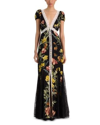 Alice and Olivia Rose Deep V Lace Trim Maxi Dress