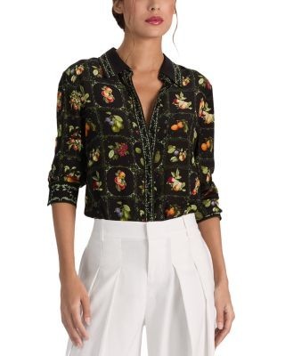 Alice and Olivia Willa Printed Collared Silk Top