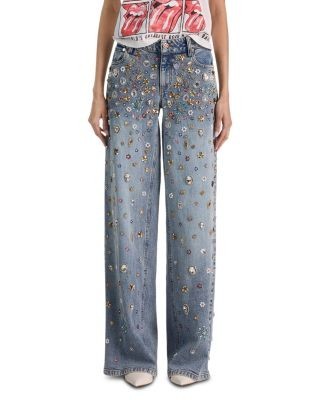Alice and Olivia Amazing Embellished High Rise Baggy Wide Leg Jeans in Fiona Vintage Blue
