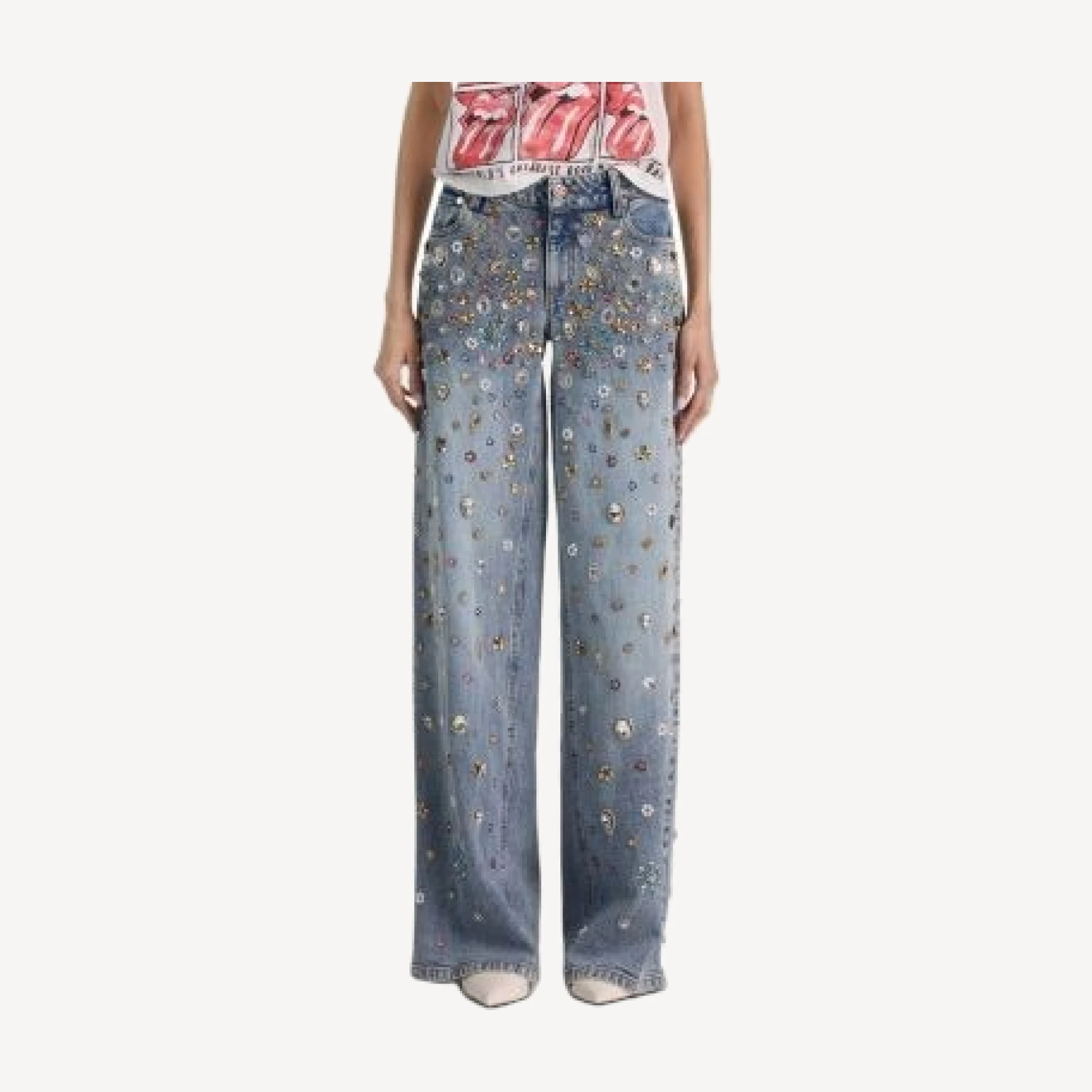 Alice and Olivia Amazing Embellished High Rise Baggy Wide Leg Jeans in Fiona Vintage Blue