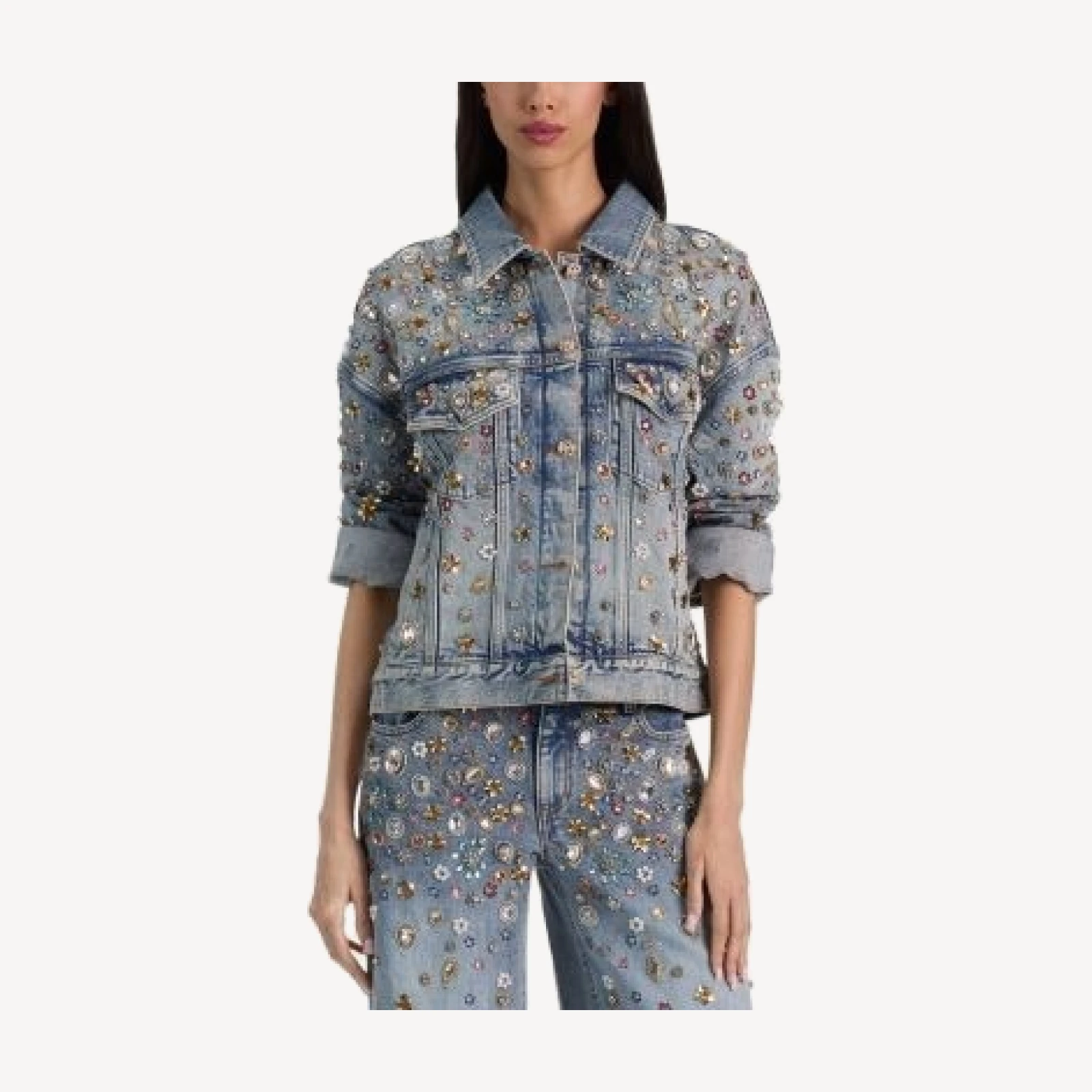 Alice and Olivia Jesse Embellished Oversized Denim Trucker Jacket