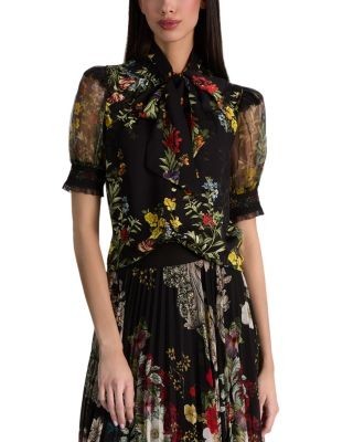 Alice and Olivia Brentley Tie Neck Puff Sleeve Blouse