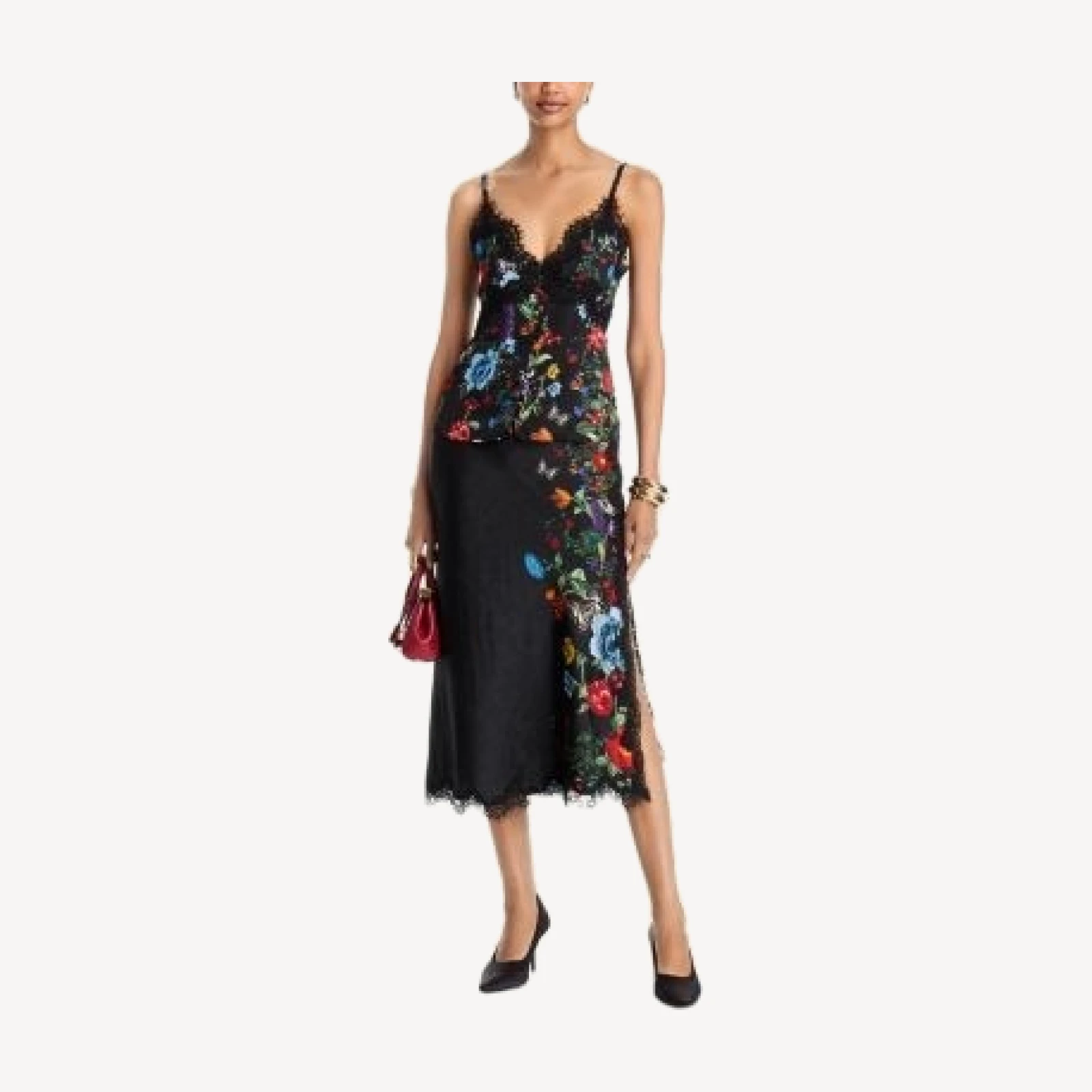 Alice and Olivia Maeve Lace Trim Midi Slip Skirt