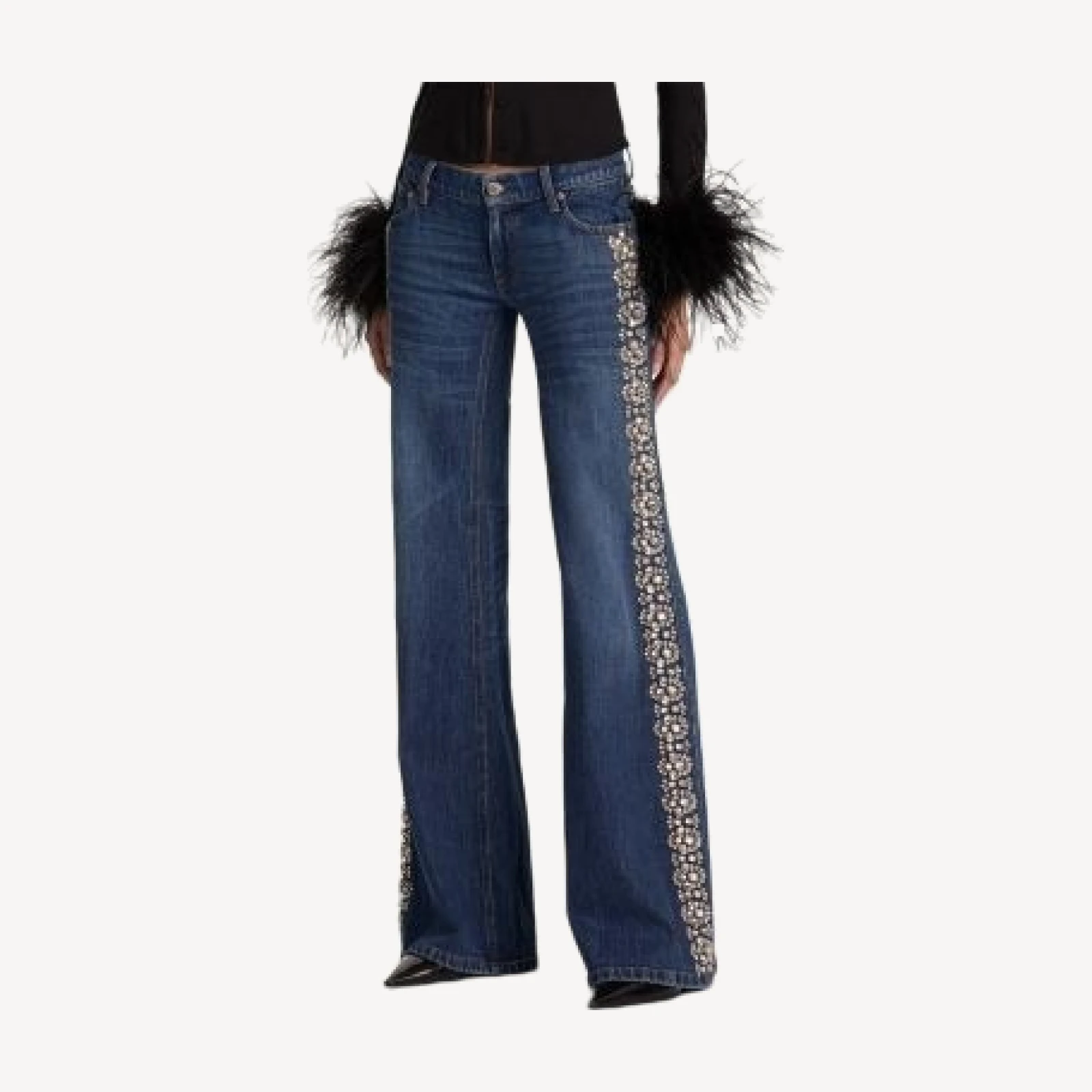 Alice and Olivia Emryn Ultra Low Rise Embellished Relaxed Flare Jeans in Georgetta Vintage Blue