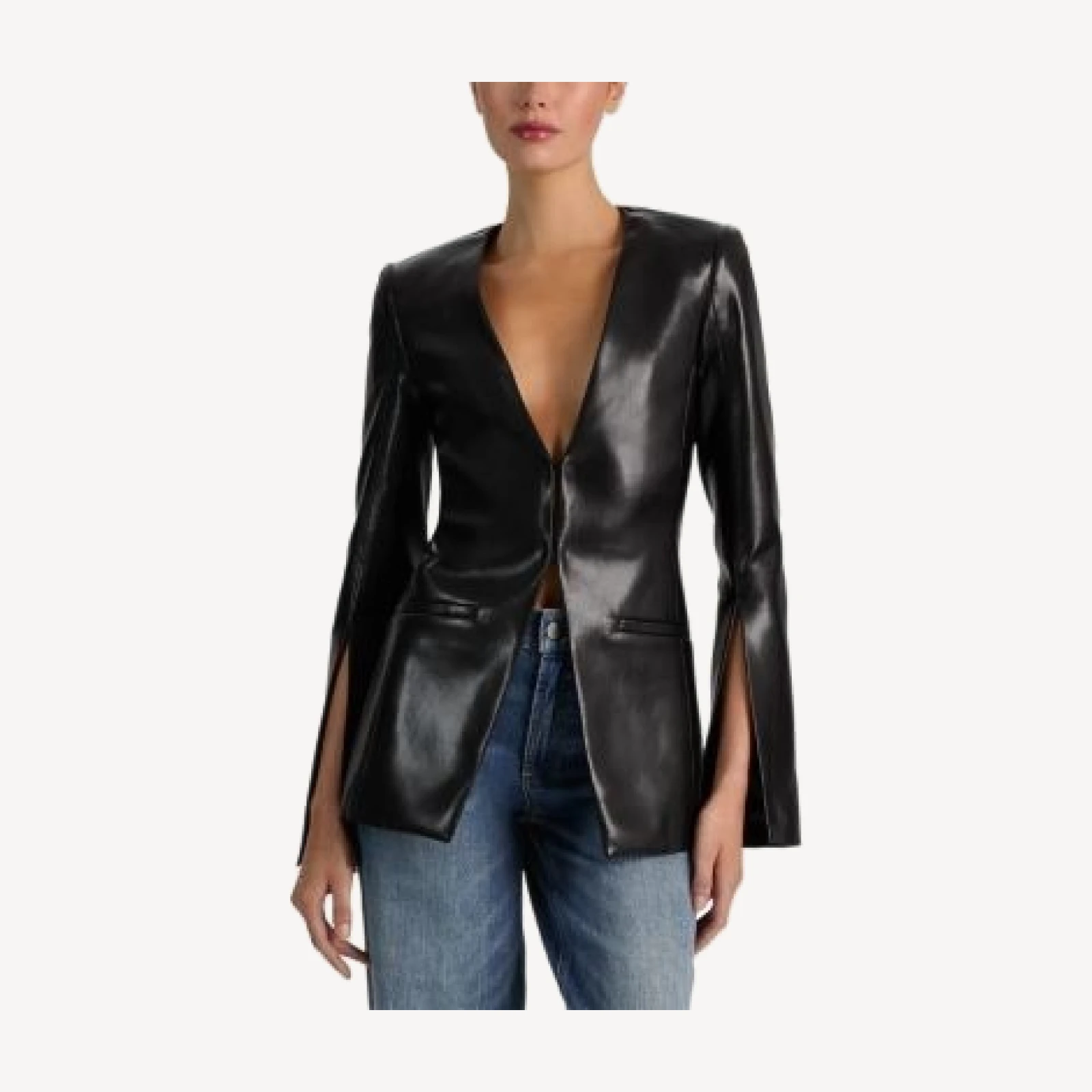 Alice and Olivia Venita Faux Leather Slim Fit Collarless Blazer