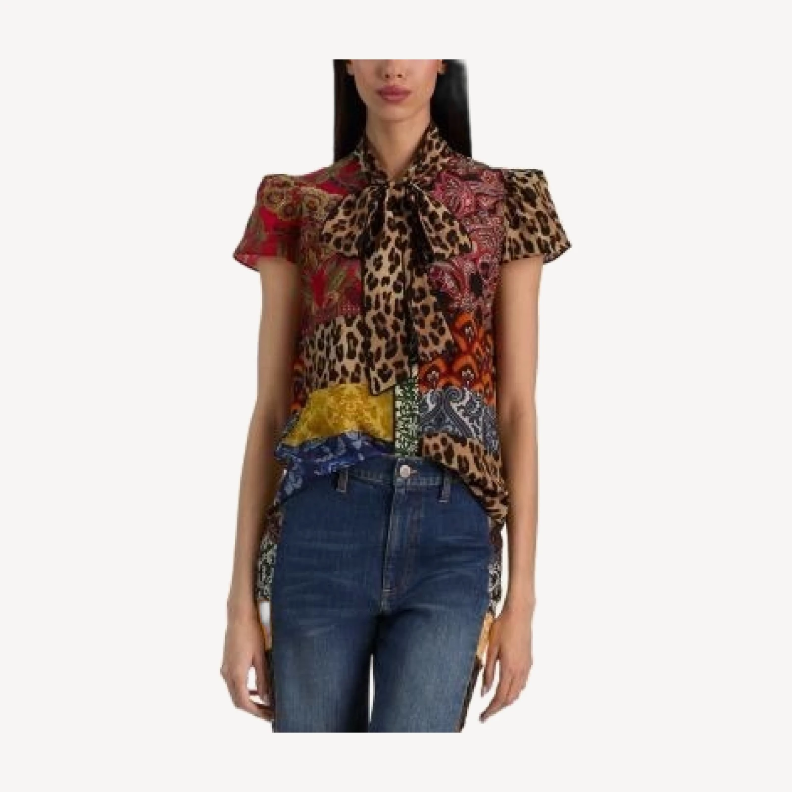 Alice and Olivia Jeannie Piped Bow Collar Cap Sleeve Button Down Blouse