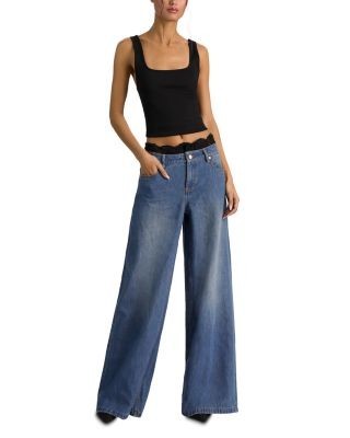 Alice and Olivia Ian Cotton Low Rise Wide Leg Jeans in Brooklyn Blue