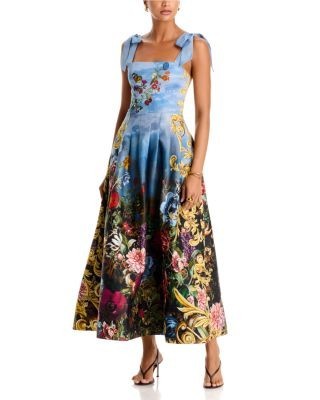 Alice and Olivia Hana Cotton Stretch Pleated Waist Bow Strap Dress