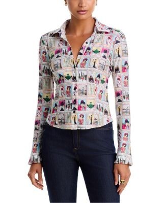 Alice and Olivia Freya Staceface Fitted Nipped Waist Button Down Top