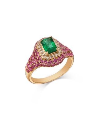 Bloomingdale's Fine Collection Emerald, Pink Sapphire & Diamond Pinky Ring in Yellow Gold