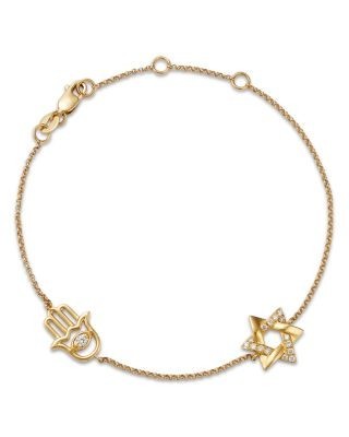 Bloomingdale's Fine Collection Diamond Hamsa Hand & Star of David Bracelet in 14K Yellow Gold, 0.15 tcw
