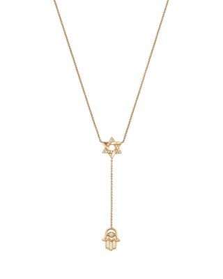 Bloomingdale's Fine Collection Diamond Star of David & Hamsa Hand Lariat Necklace in 14K Yellow Gold, 0.15 tcw