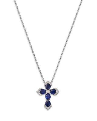 Bloomingdale's Fine Collection Blue Sapphire & Diamond Cross Pendant Necklace in 14K White Gold, 17.9