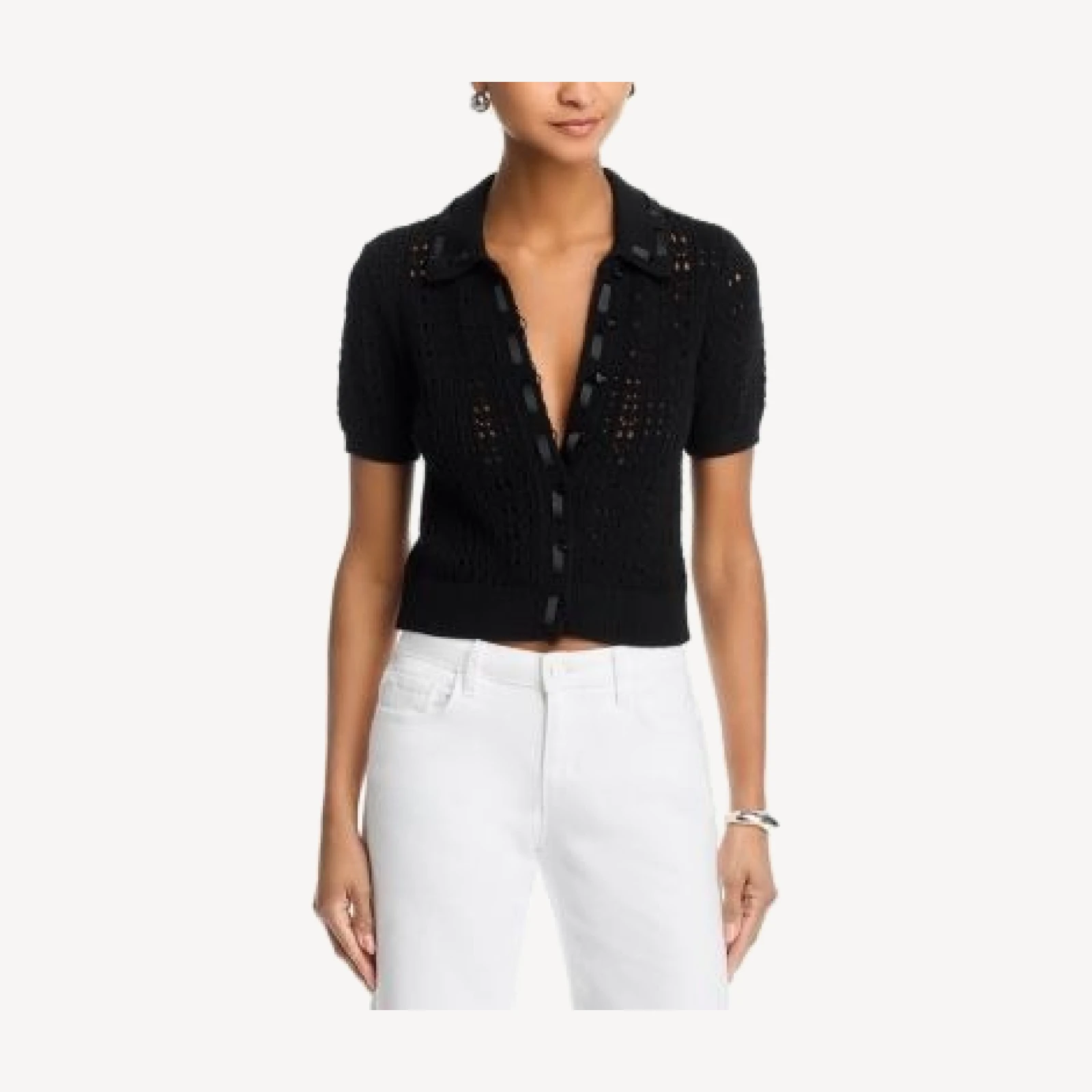 L'Agence Ninette Pointelle Grosgrain Short Sleeve Cardigan