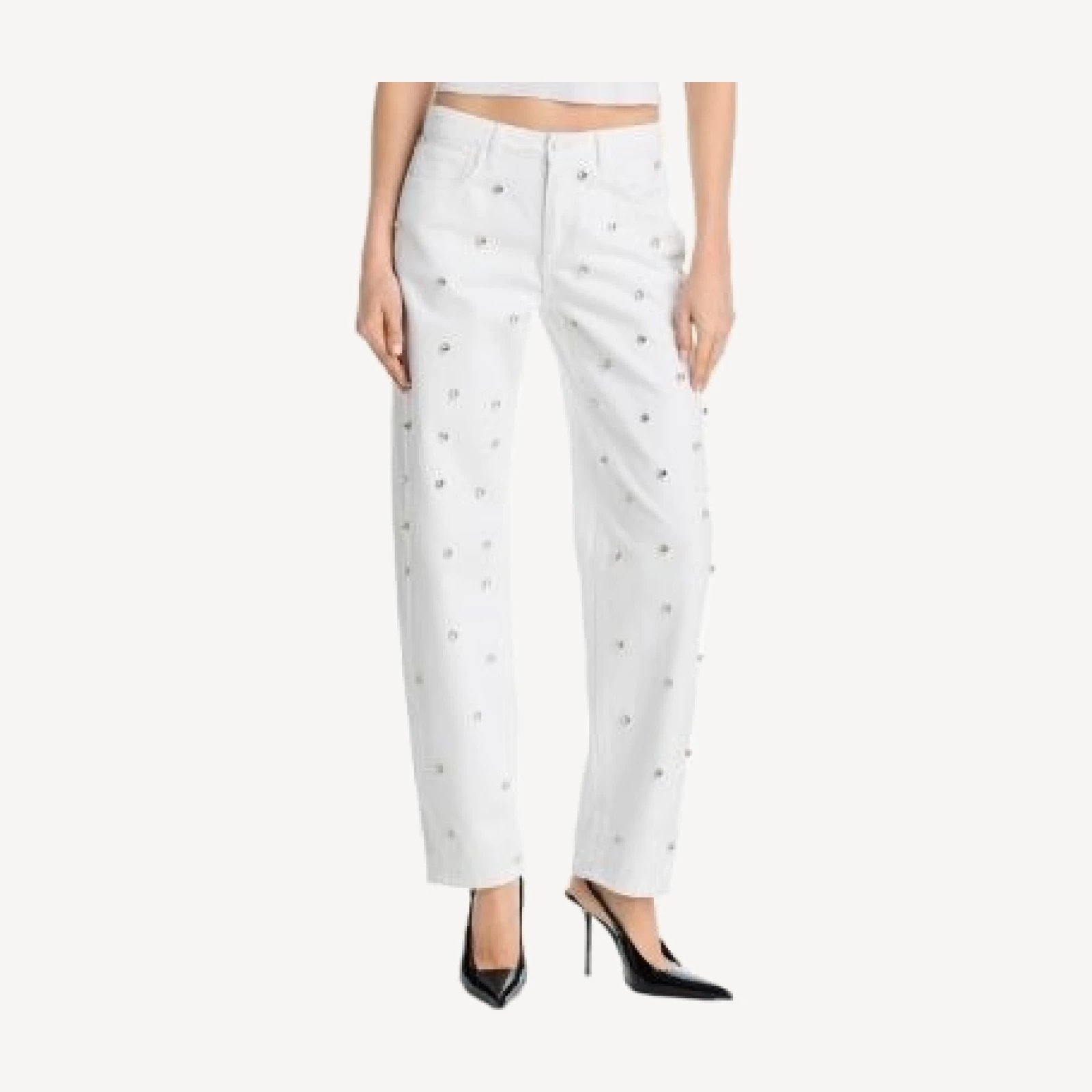 L'Agence Bex High Rise Embellished Rodeo Jeans in Blanc