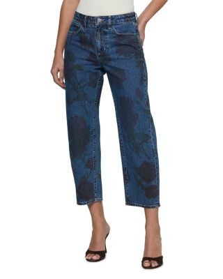 L'Agence Mallis High Rise Printed Bow Leg Jeans in Burgundy Romantic Rose