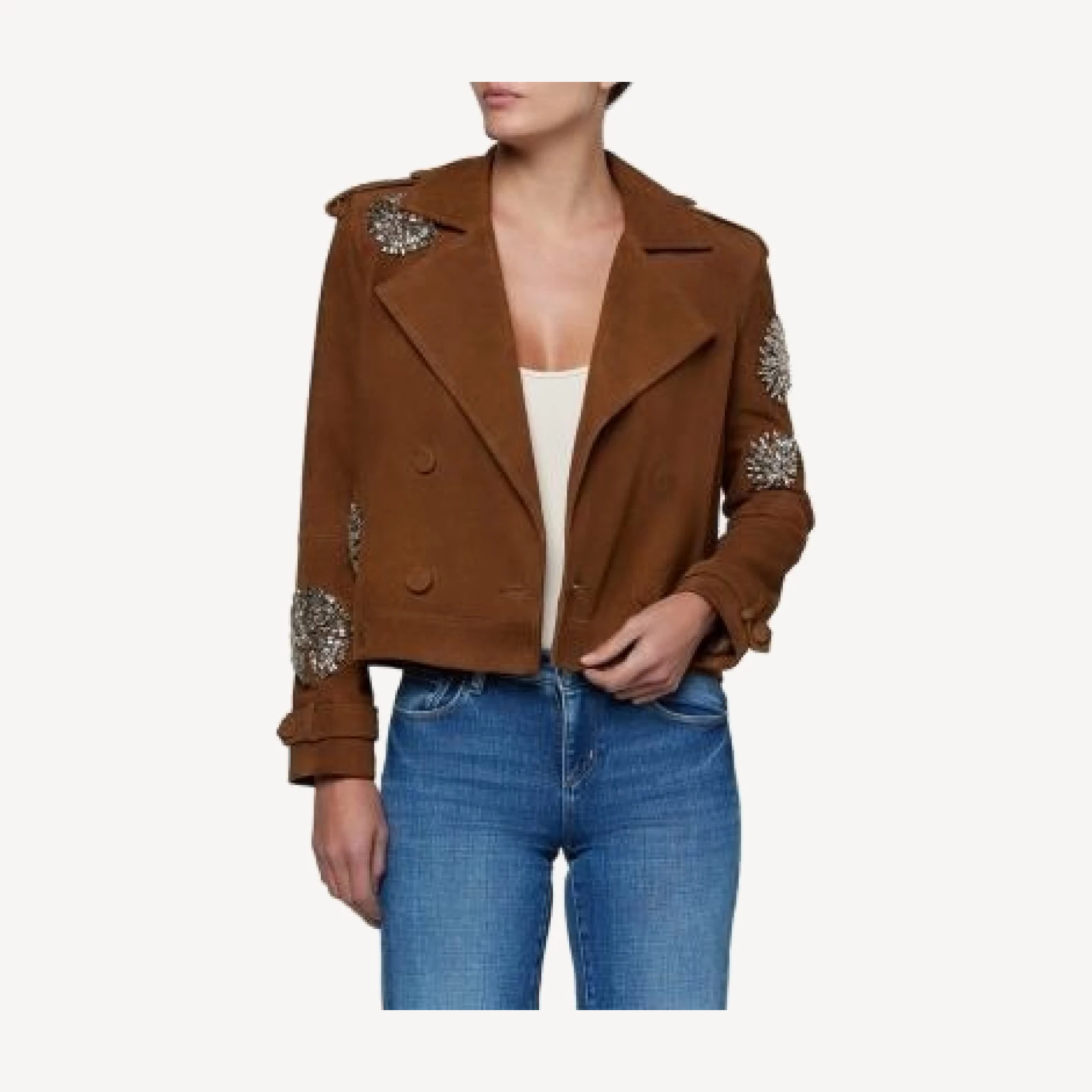 L'Agence Xoey Suede Crystal Trim Cropped Trench Coat