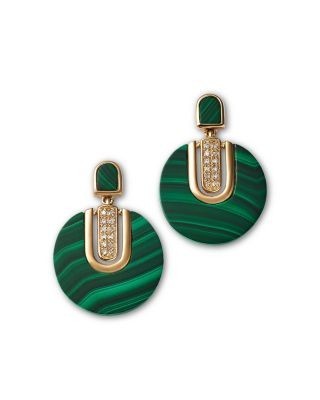 Bloomingdale's Fine Collection 14K Yellow Gold Malachite Art Deco Drop Earrings with Diamonds, 0.08 tcw