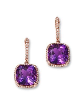 Bloomingdale's Fine Collection Amethyst & Diamond Cushion Halo Dangle Hoop Earrings in 14K Rose Gold