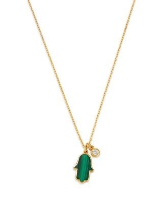 Bloomingdale's Fine Collection Malachite & Diamond Hamsa Hand & Bezel Diamond Charm Pendant Necklace in 14K Yellow Gold, 16