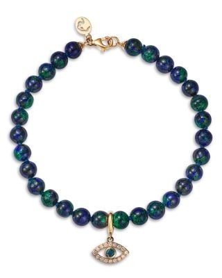 Bloomingdale's Fine Collection Azurate, Blue Topaz & Diamond Evil Eye Beaded Bracelet in 14K Yellow Gold