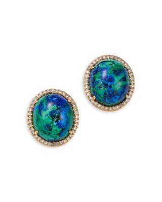 Bloomingdale's Fine Collection Azurite Malachite & Diamond Halo Stud Earrings in 14K Yellow Gold