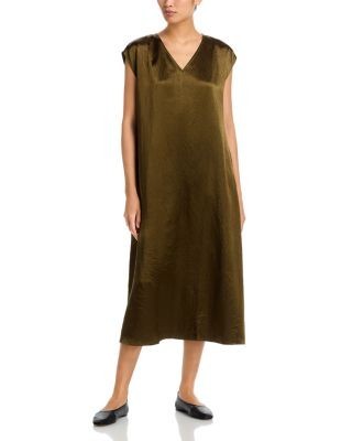 Eileen Fisher Satin V Neck Cap Sleeve Midi Dress