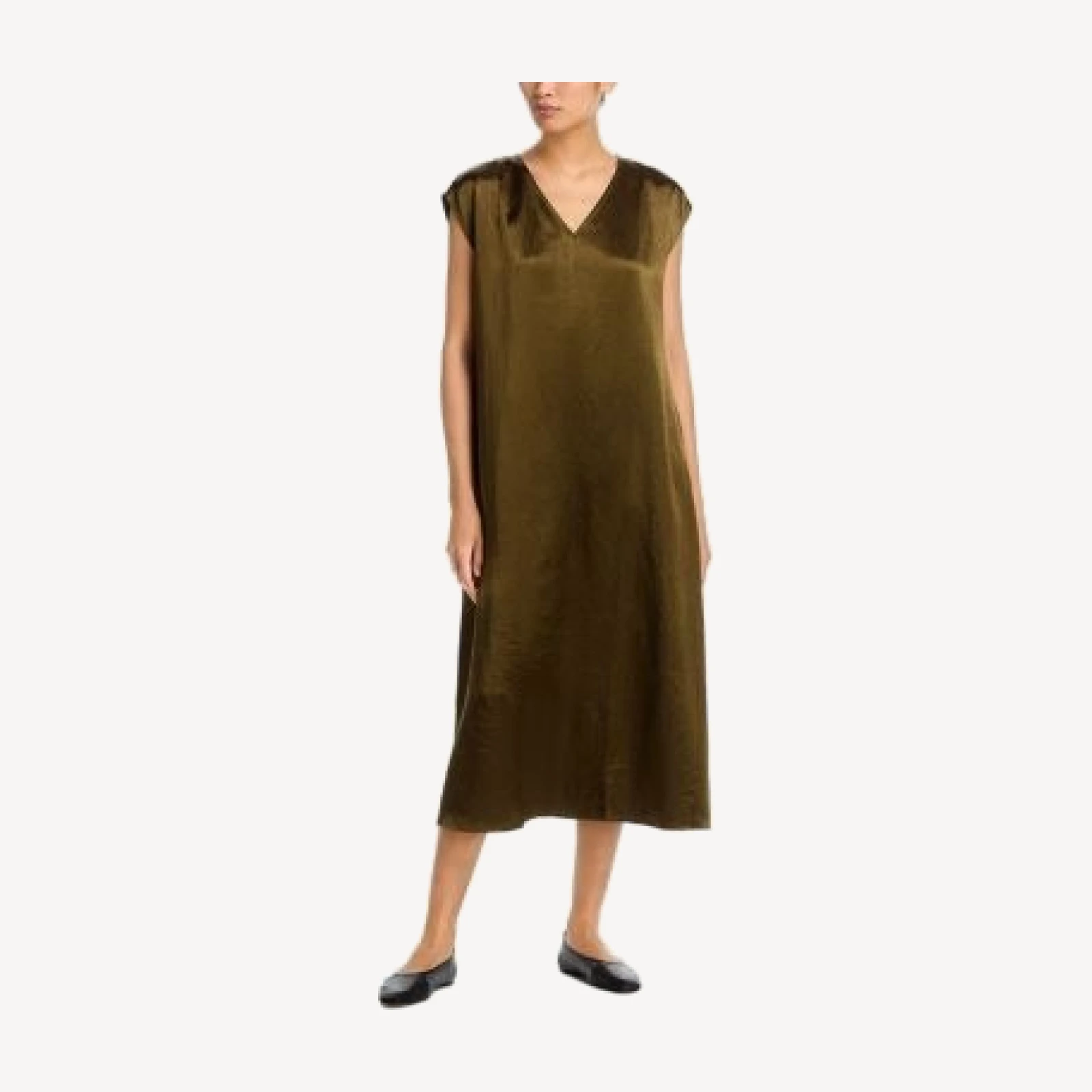 Eileen Fisher Satin V Neck Cap Sleeve Midi Dress