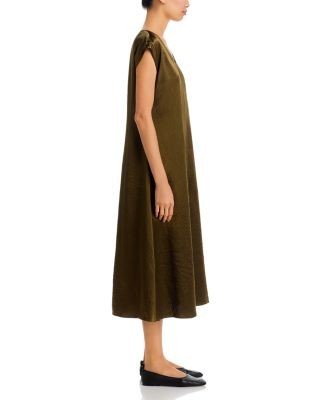 Eileen Fisher Satin V Neck Cap Sleeve Midi Dress