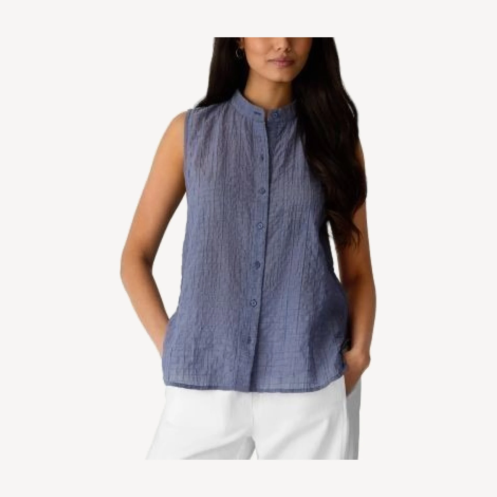 Eileen Fisher Cotton Microstripe Pucker Sleeveless Shirt