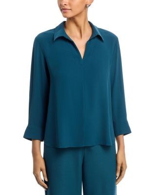 Eileen Fisher Silk Georgette Crepe Classic Collar Top