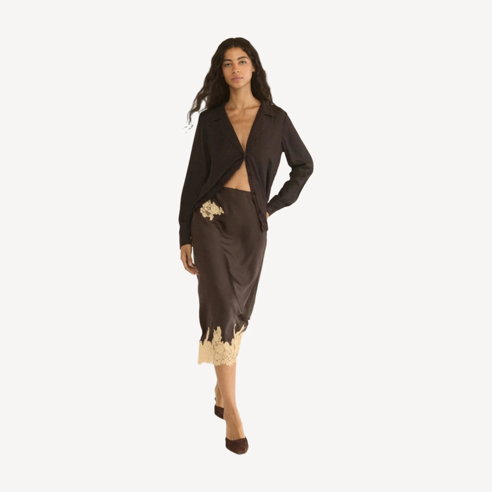 ELOWEN SKIRT -- EQUESTRIAN BROWN WITH CREAM LACE